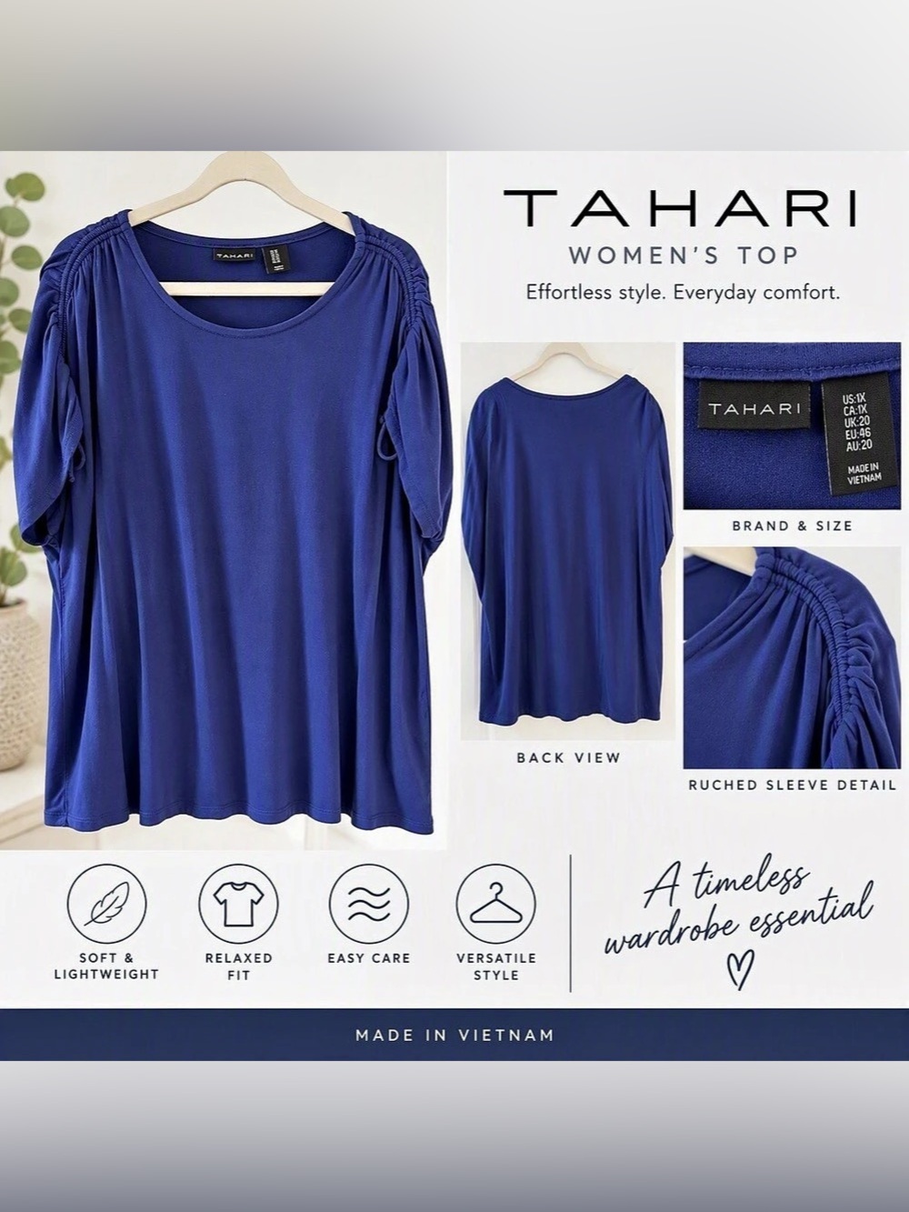 Tahari Women’s Royal Blue Ruched Sleeve Top – Size 1X – Cute & Comfortable